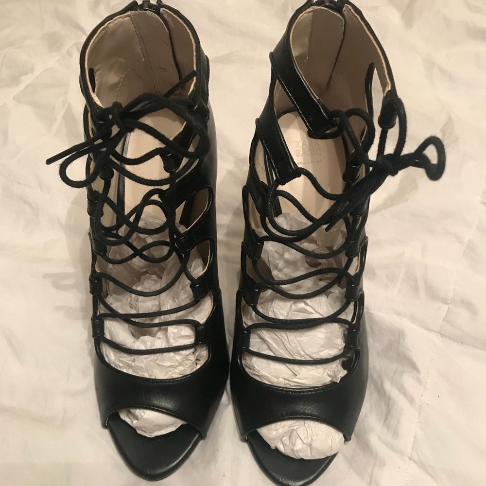 ZARA black leather lace up heels